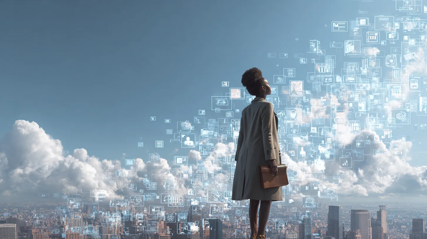 New immigrant looking over a U.S. city skyline filled with job search icons