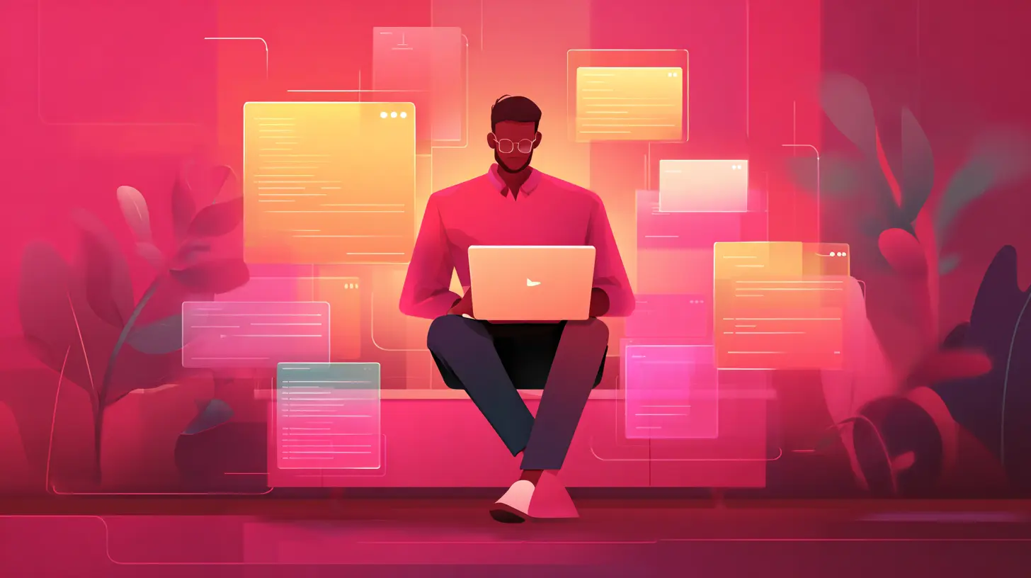 Abstract illustration of a backend engineer conducting a job search using a laptop and networking nodes