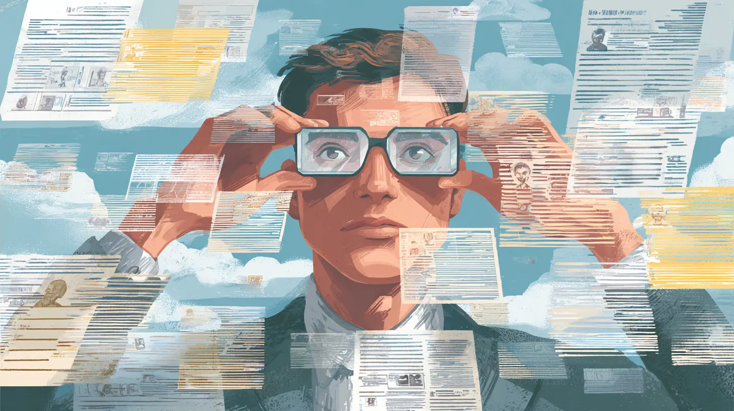 Illustration of a recruiter reading resumes through glasses