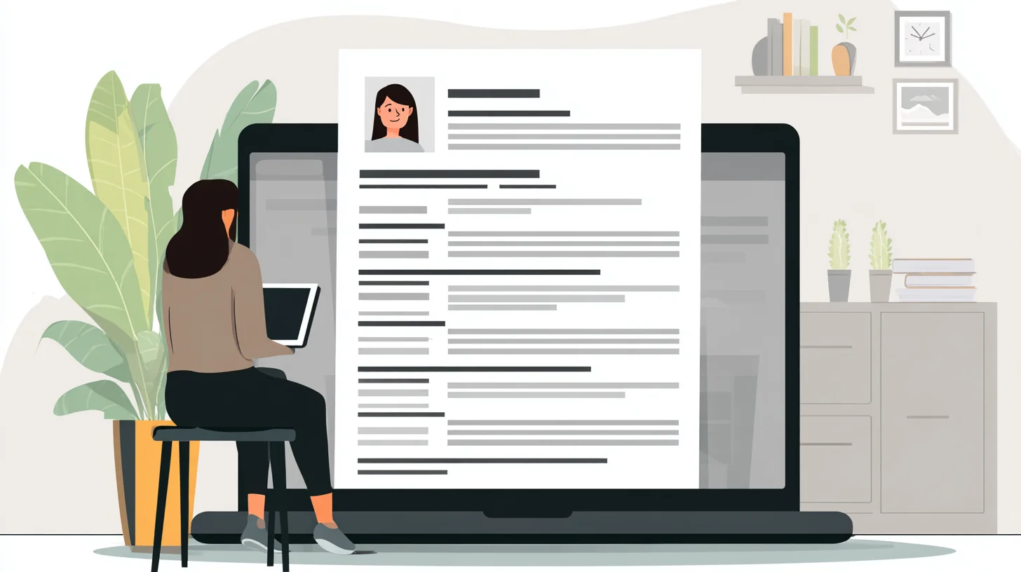 AI algorithm assembling résumé components on a digital screen