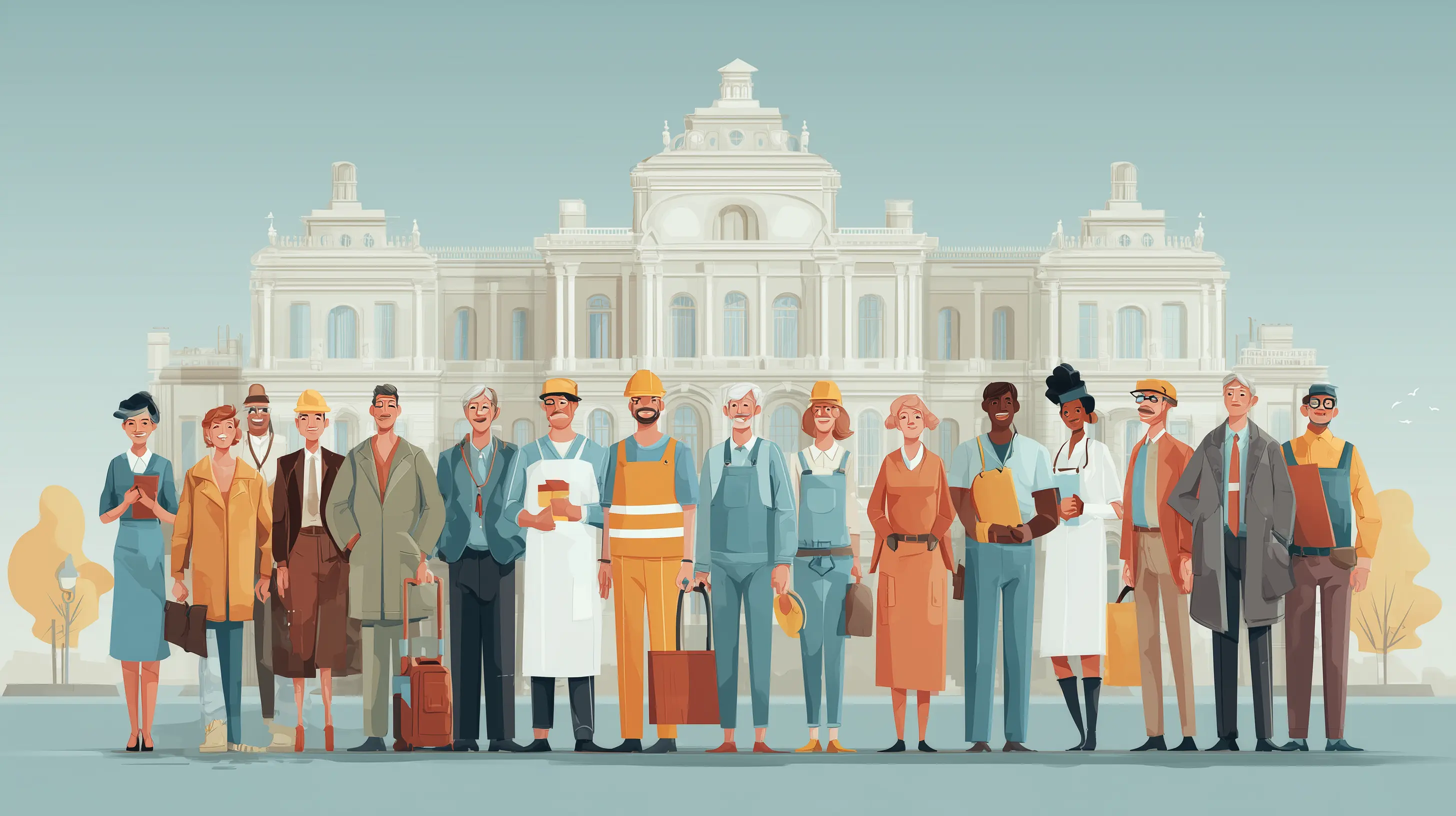 Illustration of New York City Hall with civic and public service symbols