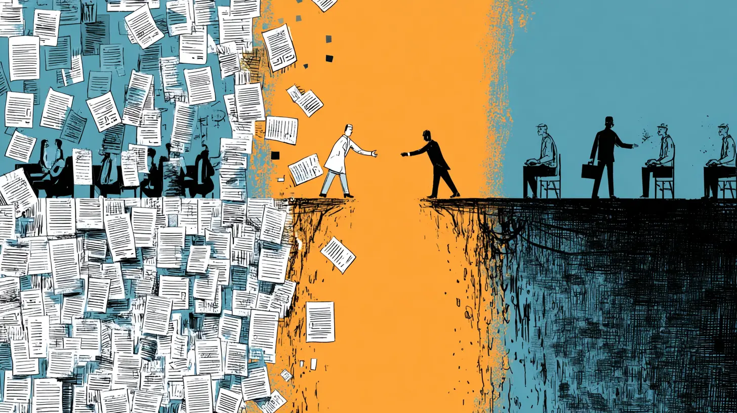 Illustration of job seekers in a corporate maze with resumes in hand