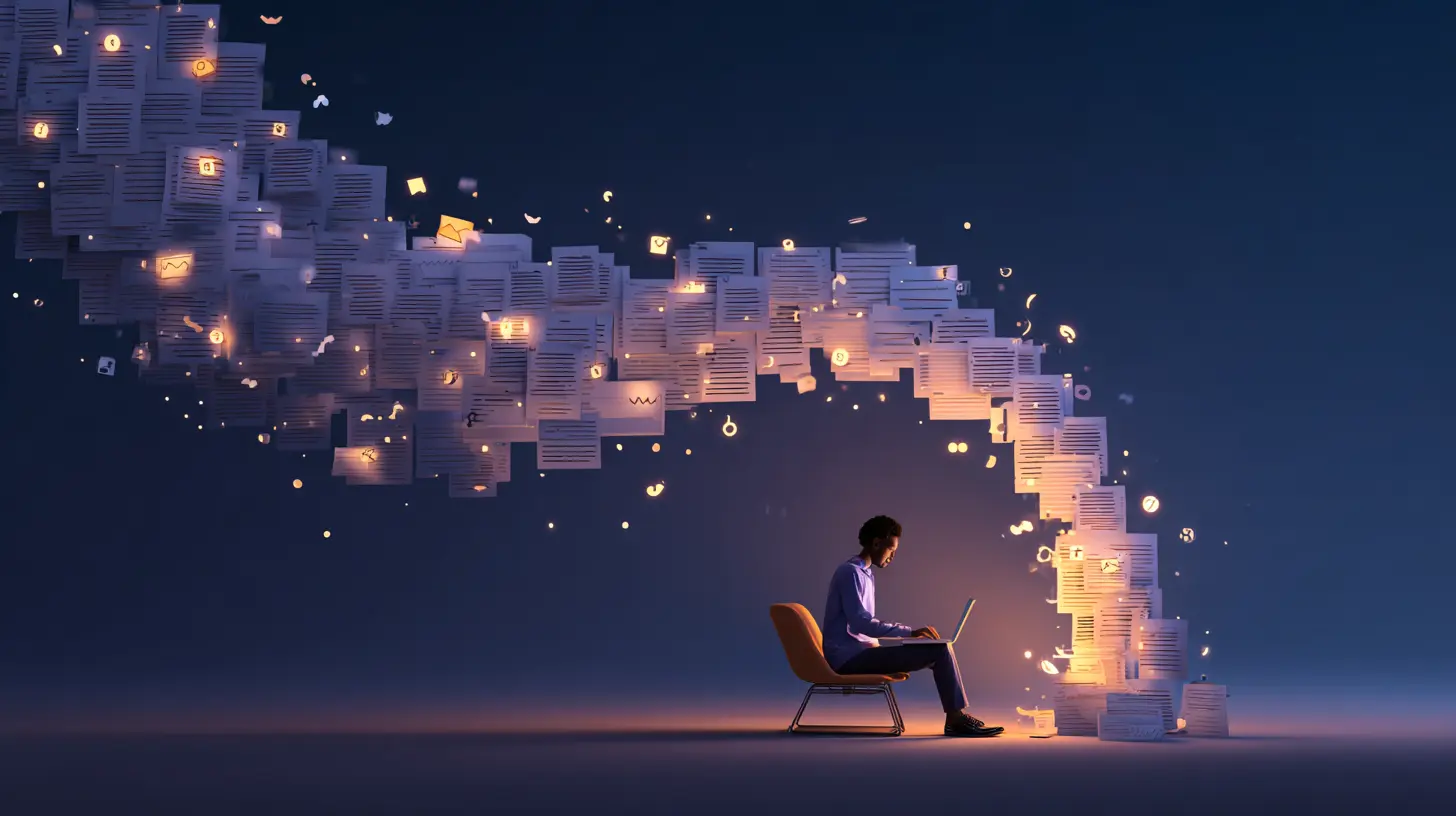 Illustration of a person writing on a laptop, with a narrative arc overlay