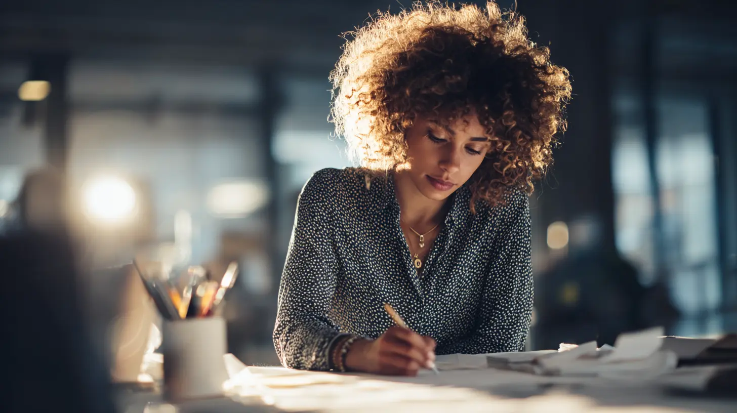 Person writing a cover letter at a desk, with creative stationery