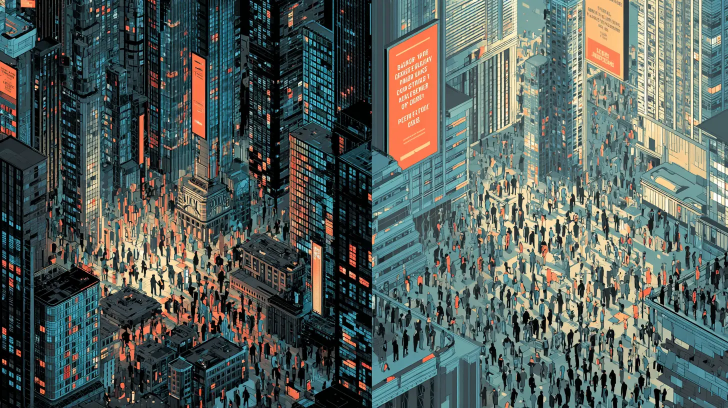 Illustration of tech job seekers split between New York City and San Francisco